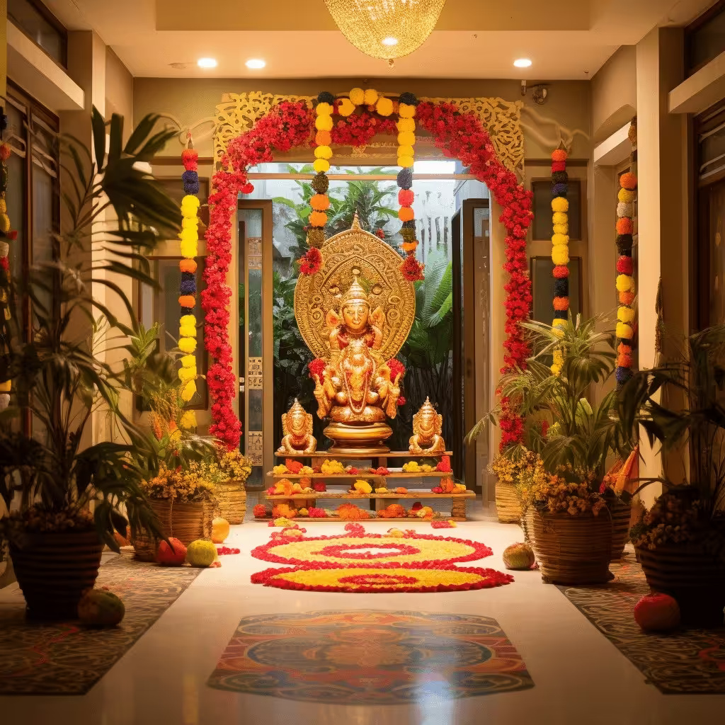 Mandir Decoration with Flowers and Lights