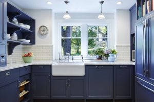Dark blue and white color kitchen design