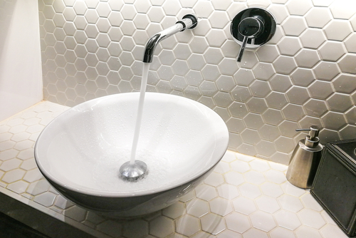 The hexagonal tiled table top with simple wash basin for your beautiful home