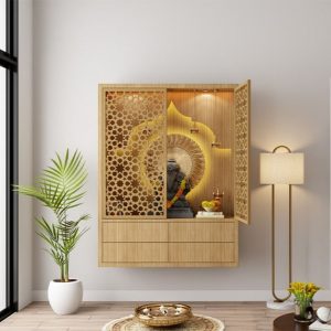 A Wall Mounted Wooden Mandir Design for Home
