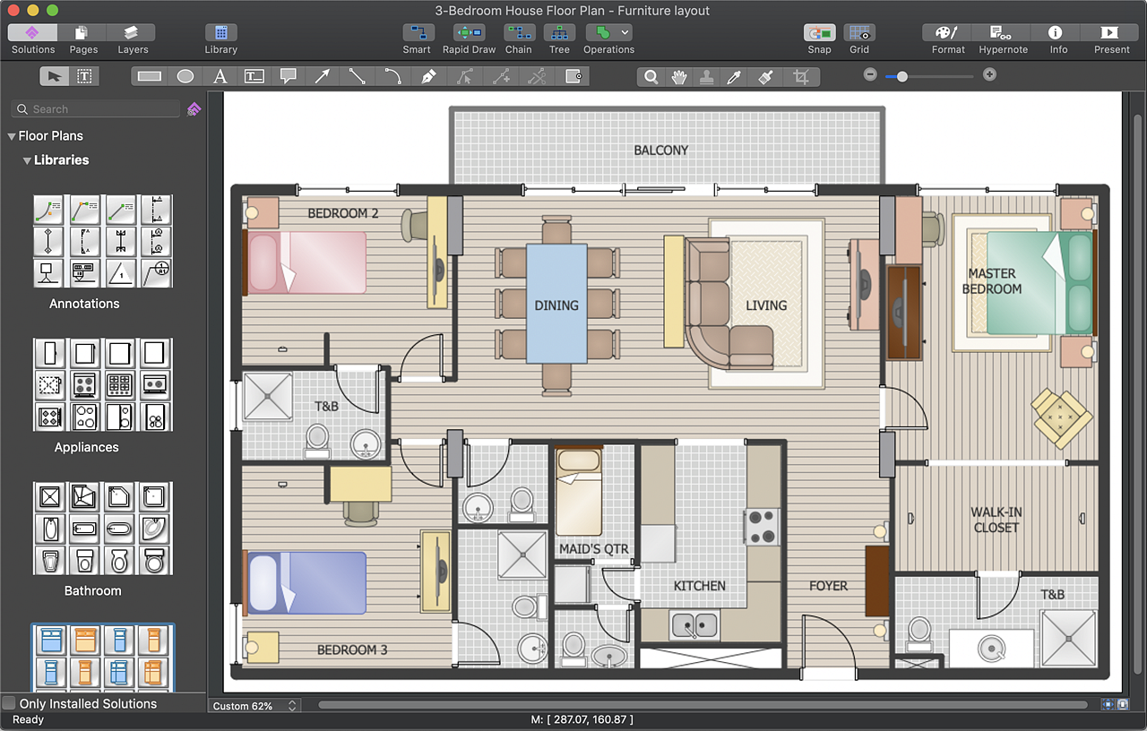 This house plan features a spacious and open living area, connecting the kitchen, dining, and living rooms.